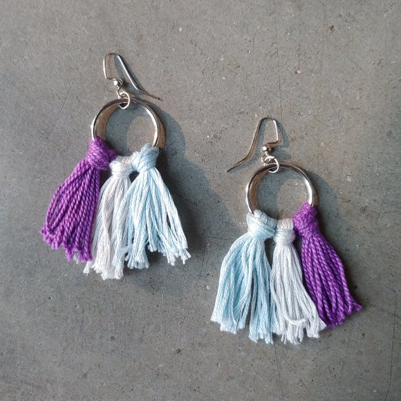 Handmade Boho Purple and Blue Fringe and Bead Dangle Earrings Set - Picture 2 of 12